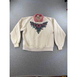 Vintage Morning Sun Floral Collared Sweatshirt Large Ivory White USA Made